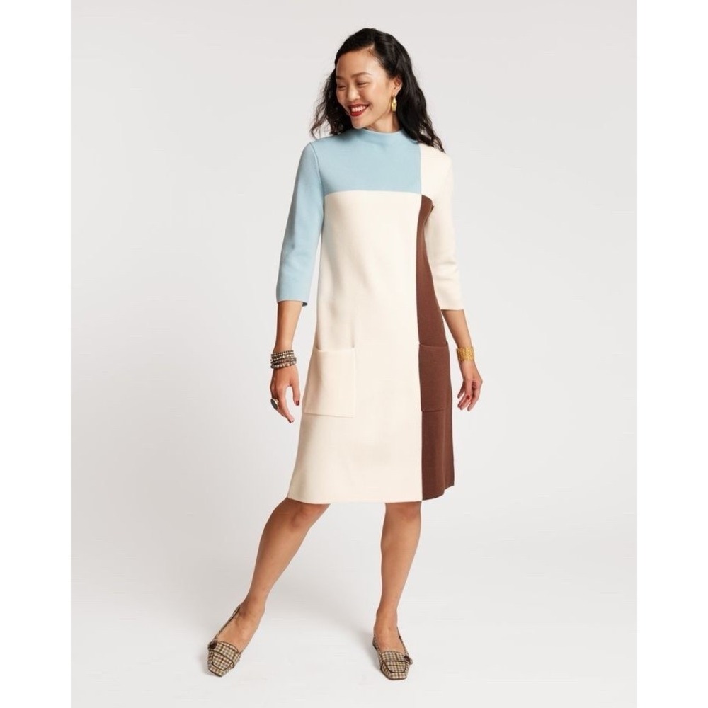 FRANCES VALENTINE Annie Colorblock Mock-Neck Midi Sweater Dress Size Medium